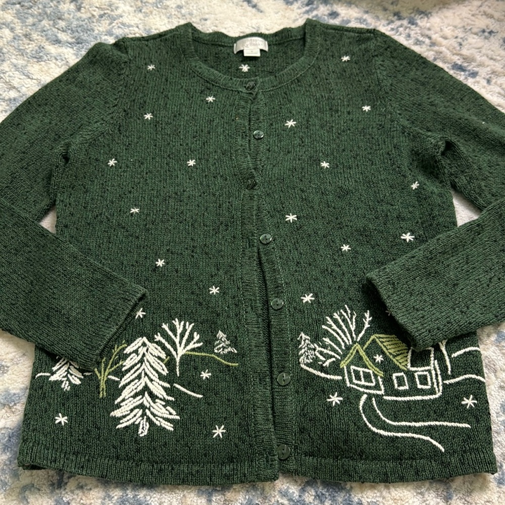 Vintage Christopher & Banks Green Christmas Sweater with Winter Scene